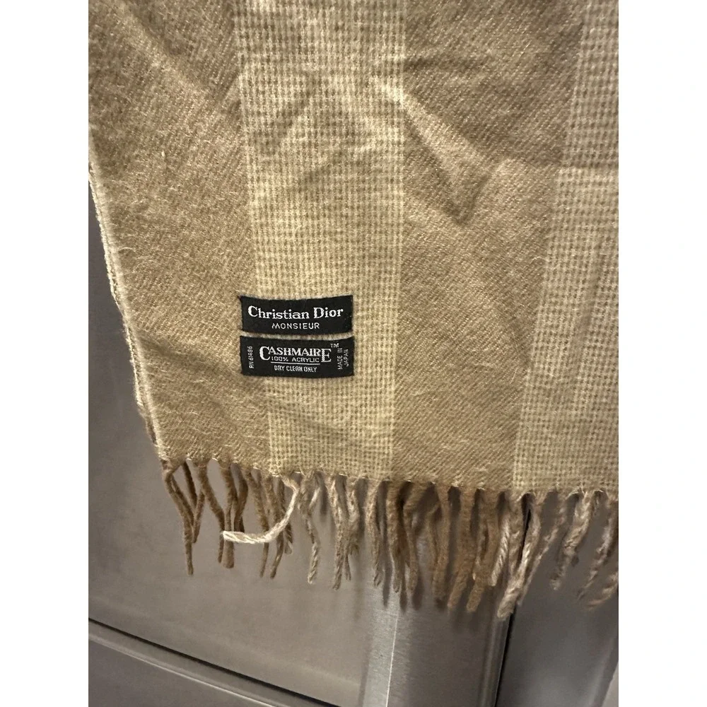 Christian Dior 100% Acrylic With Fringe Scarf Vintage Camel Striped Classic Scar